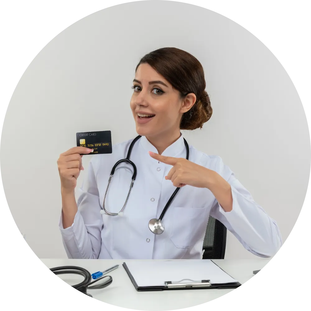 alt="A smiling female doctor in a white coat with a stethoscope, holding a credit card and pointing to it. Section titled 'Deep Expertise Across 20+ Physician Specialties' with a list of specialties including Allergy, Anesthesiology, Cardiology, Dermatology, and Emergency Medicine."